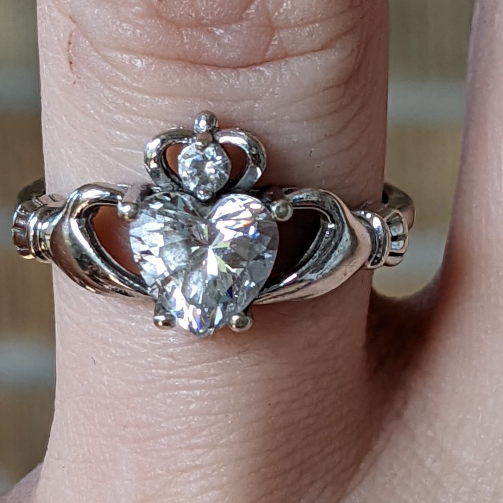 1.52ct Heart Cut 14k White Gold Claddagh White Lab created Sapphire 7.75